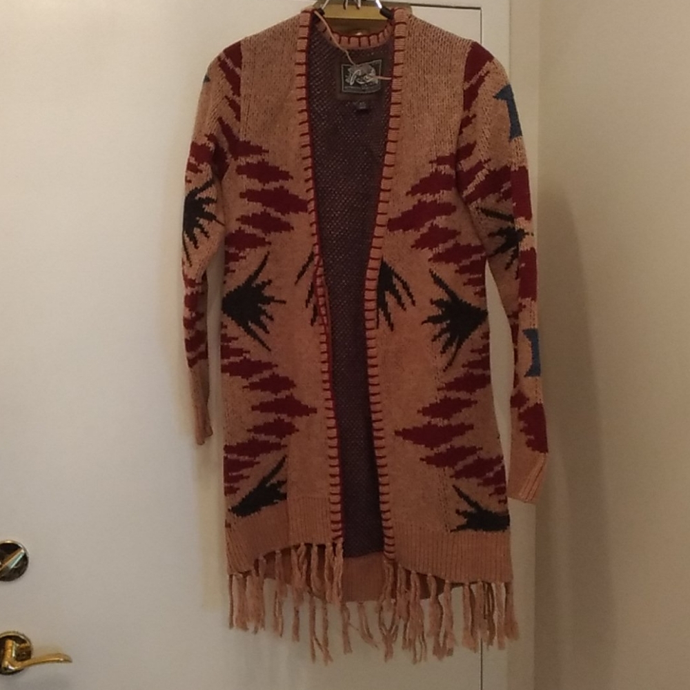 Rare Vintage Roots Wool Long Cardigan | Southwestern Fringe Detail- Size S